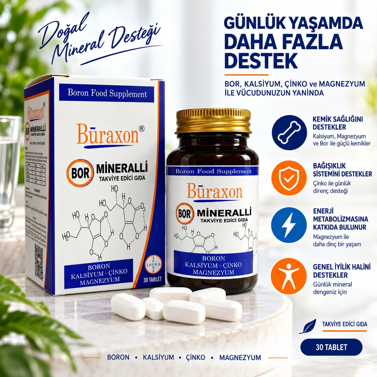 BURAXON bor vitamin ve mineral tablet şişesi